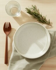 Poster - Minimalist Dining Presentation Ceramic Plate with Wooden Spoon and Herb Accent on Light Wood - Premium Culinary Content and Eco-Friendly Restaurant Branding