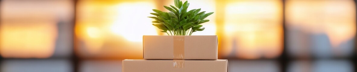 Poster - Minimalist Supply Chain Visual Eco-Friendly Cardboard Boxes with Greenery - Sustainable Logistics Design and Modern Aid Packaging Solutions