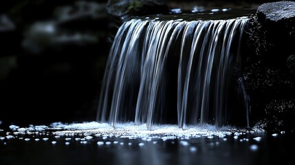 Poster - Serene waterfall flows, dark forest backdrop, nature tranquility, website banner