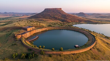 Sticker - Sunrise over circular reservoir, hilltop, African landscape