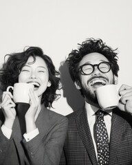 Aufkleber - Monochrome Office Whimsy Asian Female and White Male Coworkers Laugh with Coffee Mugs in Dramatic Contrast - Engaging Business Culture and Team Building Visual Content
