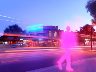 Aufkleber - Neon Urban Vibes Futuristic Silhouette with Street Light Trail - Youth-Centric Digital Aesthetic for Innovative Marketing and Urban Lifestyle Promotion
