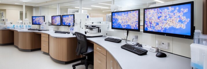 Poster - Minimalist Lab Design Digital Microscope Stations with Molecular Displays and Curved Desks - Advanced Scientific Research and Clinical Innovation Tools in Modern Healthcare Environments