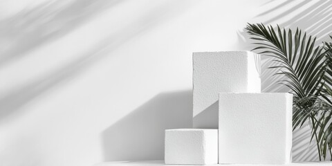 Aufkleber - Minimalist Studio Podium Design Textured White Block Arrangement with Palm Shadows - Modern Visual Content for Professional Branding and Event Marketing