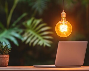 Aufkleber - Eco-Chic Remote Workspace Minimalist Laptop and Potted Plants on Wooden Desk - Sustainable Business Setup and Digital Productivity, Enhancing Modern Professional Lifestyle
