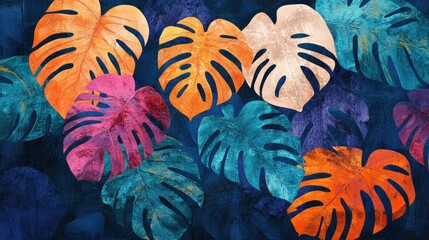 Poster - Vibrant Tropical Leaves with Bold Colors and Unique Patterns Set Against a Dark Background Suitable for Nature-Themed Designs or Artistic Projects