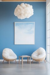 Poster - Scandinavian Minimalist Lounge Woven Rattan Beanbag Seating and Cloud Pendant in Modern Blue Office for Creativity and Collaboration in Urban Workspaces
