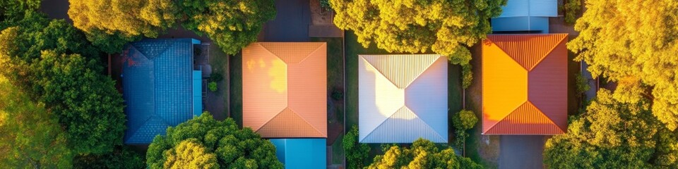 Poster - Modern Suburbia Aerial Vibrant Rooftop Designs and Lush Greenery in Cul-de-Sac - Contemporary Urban Planning Visuals for Real Estate Development and Community Enhancement