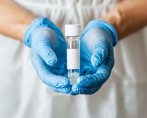 Poster - Innovative Lab-Grade Glass Vial with Crystals in Blue Latex Gloves - Sustainable Biotech Solutions and Scientific Research Presentation for Eco-Conscious Innovators