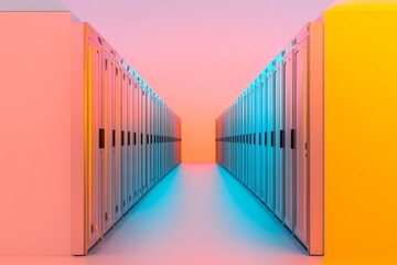 Poster - Vibrant Gradient Data Center Corridor Sleek Metal Server Cabinets with LED Indicators - Optimized Cloud Computing for Tech Enterprises and Digital Infrastructure Management