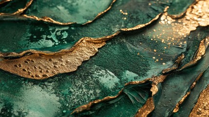 Poster - Abstract artistic texture with rich green and shimmering gold elements creating a visually striking composition perfect for modern design and decoration needs