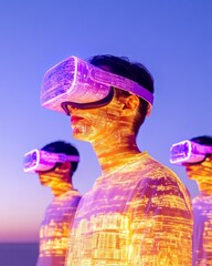 Fototapete - Futuristic VR Collaboration Young Professionals Navigate Virtual Urban Landscapes with Motion Technology - Enhancing Business Innovation and Digital Strategy in Modern Workspaces