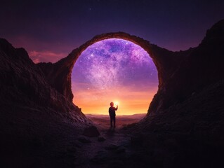 Aufkleber - Mystical Retro Futurism Child Silhouette with Glowing Orb at Cosmic Crater - Sci-Fi Visuals for Immersive Space Exploration and Creative Marketing Campaigns