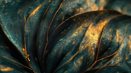 Poster - Close-Up of Intricate Textured Plant Leaves with Metallic Accents Highlighting the Natural Beauty and Complexity in Nature's Designs for Artistic Backgrounds