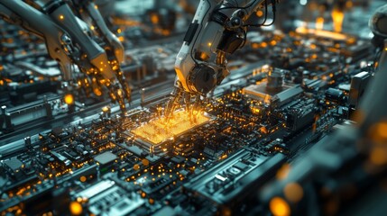 Poster - Robotic arms assemble in a cybernetic factory innovative technology industrial setting futuristic perspective