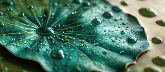 Poster - Lotus leaf close-up with water droplets creating a textured and natural background for design and decoration purposes