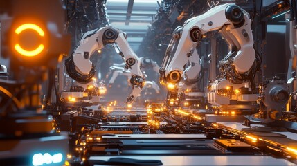 Aufkleber - Robotic arms assemble products cybernetic factory industrial automation high-tech environment futuristic perspective