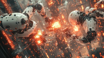 Poster - Robotic assembly action cybernetic factory industrial automation high-tech environment futuristic perspective advanced robotics