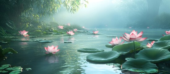 Aufkleber - Serene lotus flowers blooming in a tranquil morning pond enveloped in soft mist and gentle sunlight.