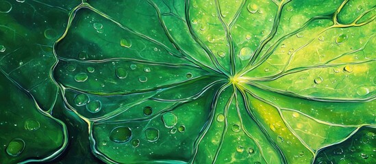 Poster - Vibrant close-up of a lotus leaf with droplets showcasing intricate textures and shades of green nature's beauty.