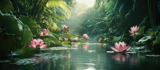 Aufkleber - Serene Lotus Flowers in Lush Jungle Landscape with Soft Light Reflecting on Calm Water Surface