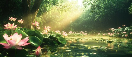 Poster - Tranquil lotus flowers blooming in a serene pond surrounded by lush greenery and soft sunlight filtering through the trees.