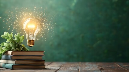Poster - Glowing lightbulb resting on a stack of old books with a small potted plant symbolizing the power of creativity innovation and education