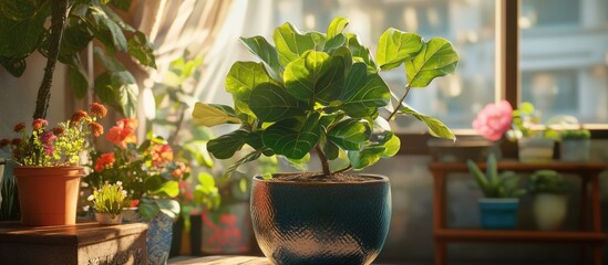 Poster - Vibrant fiddle leaf fig tree with new leaves growing in a sunny terrace setting surrounded by colorful potted plants and warm light.