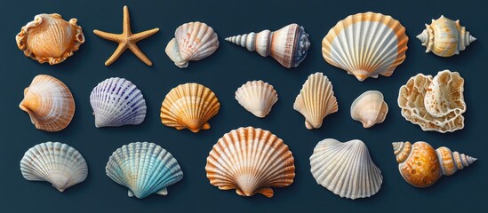 Poster - Variety of colorful seashells and starfish arranged on a solid background showcasing natural coastal beauty and marine life.