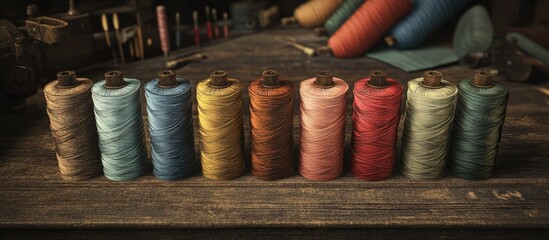 Poster - Vintage sewing threads spools displayed in a rustic workshop with diverse colors set on an aged wooden table for textile projects.