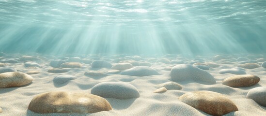 Poster - Underwater landscape featuring pebbles and sandy floor illuminated by soft sunlight rays creating a serene and tranquil background.