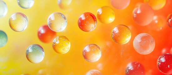 Poster - Colorful Marble Balls Floating on a Vibrant Orange and Yellow Background Creating a Playful and Eye-Catching Abstract Composition
