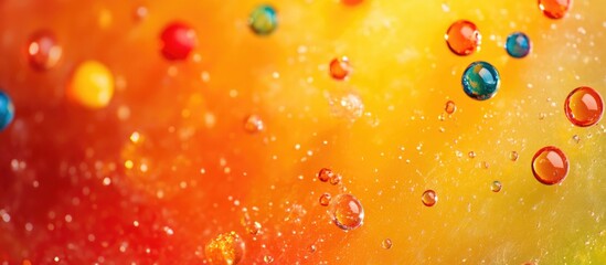 Poster - Colorful Marble Balls with Water Droplets on Vibrant Orange Yellow Red Background for Creative and Abstract Design Concepts