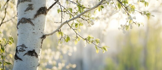 Poster - Peeling birch tree trunk with fresh spring leaves basking in soft sunlight and a blurred natural background in early springtime.