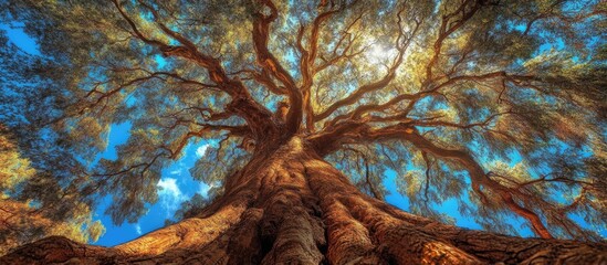 Wall Mural - Majestic tree viewed from below showcasing intricate branches and vibrant sky in a serene natural setting.