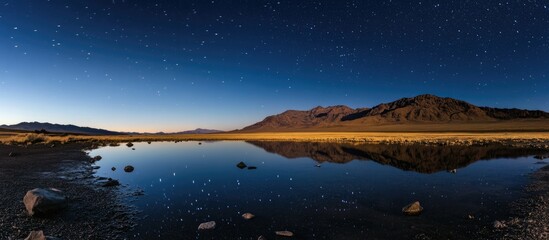Poster - Stunning long exposure night sky panorama with stars and serene lake reflection perfect for adding custom text or messages.