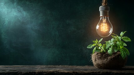 Poster - Glowing green plant thriving in natural light with a single illuminated light bulb suspended above symbolizing creativity innovation and sustainable energy