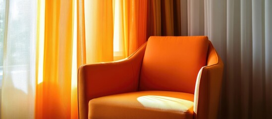 Poster - Modern Living Room Interior Featuring Bright Orange Armchair and Curtains Stylish Design with Empty Space for Text or Branding