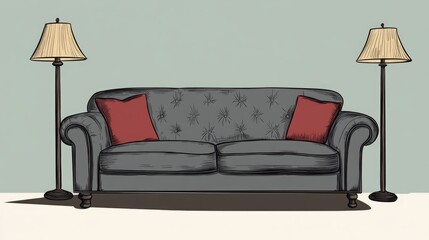 Poster - Cozy living room with a vintage grey sofa and accent pillows illuminated by stylish floor lamps against a soft green backdrop.