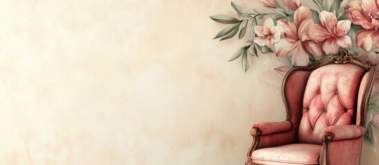 Poster - Elegant living room interior with vintage armchair and floral decor creating a serene atmosphere with blank space for personalized text.