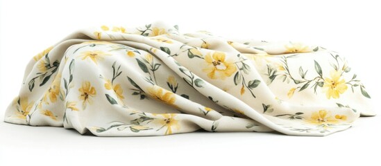 Poster - Light Yellow Floral Decorative Blanket on White Background Minimalist Boho Style Design with Copy Space for Stylish Home Decor