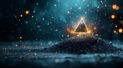 Poster - Glowing Triangle Shaped Particle Effect in Dark Cosmic Background with Vibrant Lights and Sparks  Abstract Futuristic Digital with Luminous Shimmering and Ethereal Elements