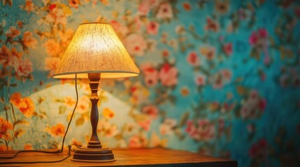 Poster - Workshop ambiance featuring a vintage lamp illuminating a colorful floral wallpaper background, ideal for home renovation concepts.