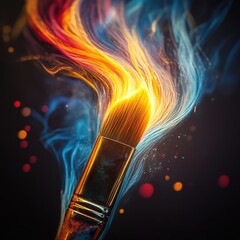 Poster - Vibrant Light Painting of a Paint Brush Emitting Colorful Blue and Orange Flames Against a Dark Background