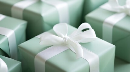 Wall Mural - Elegant light green gift boxes elegantly wrapped with white ribbons perfect for festive occasions or celebrations.