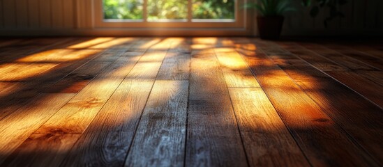 Poster - Sunlight streaming onto a rustic wooden floor creating a warm and inviting atmosphere in a cozy indoor space.