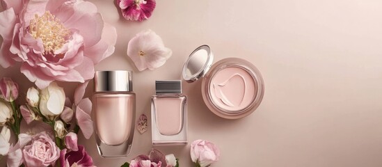 Poster - herbal cosmetic products flatlay with soft floral accents and empty space for text overhead view