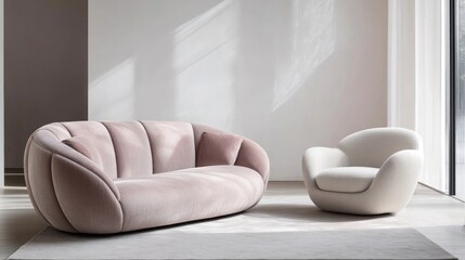 Poster - Elegant light blush couch and gray armchair in modern interior with white walls and natural light creating a serene atmosphere.