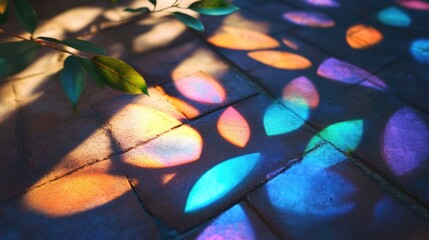 Poster - Colorful leaf shadows cast on surface at sunrise creating a vibrant and dynamic play of light and color