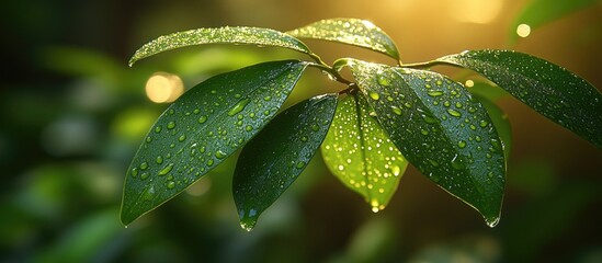 Poster - Dewy Green Leaves Captured in Soft Natural Light with Dreamy Background Bokeh Effects
